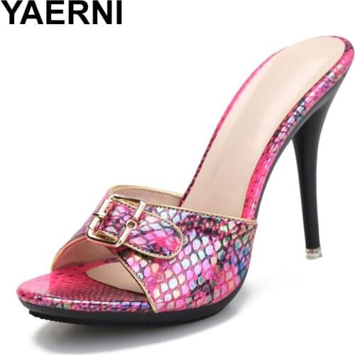 YAERNI hoes slippers women 2020 high heels sexy 11cm Bling serpentine Sequined Cloth plus size women shoes 42 Ladies' slipper