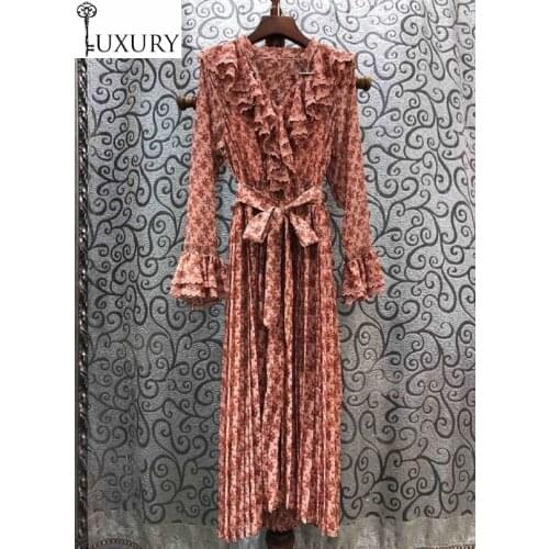 Retro 2020 Spring Vintage Style Women V-Neck Ruffle Lace Patchwork Flare Sleeve Mid-Calf Length Pleated Dress Yellow Pink