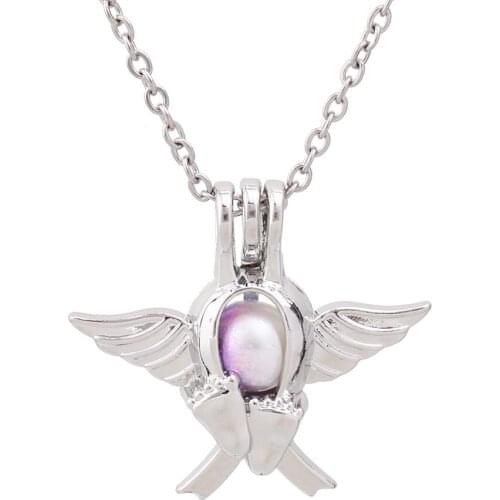 1pc Silver Plated Wing Baby Footprint Pearl Cage Pendant Necklace Jewelry Oyster Pearls Essential Oil Diffuser Lockets Fun Gift