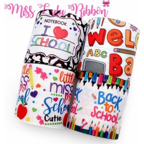 16mm-75mm Back to School Series Heart Apple Pencil Printed Grosgrain/Elastic Ribbon Cartoon DIY Hair Bowknots 50yards/roll