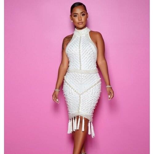 2019 high street new pearls spliced fashion tassel dress ladies stand collar sleeveless hollow out sexy pencil dress 25