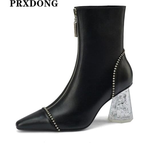 Genuine Leather Ankle Boots For Women Autumn Winter Warm Shoes Sexy High Heels Pointed Toe Black Beige Dress Office Lady Shoes