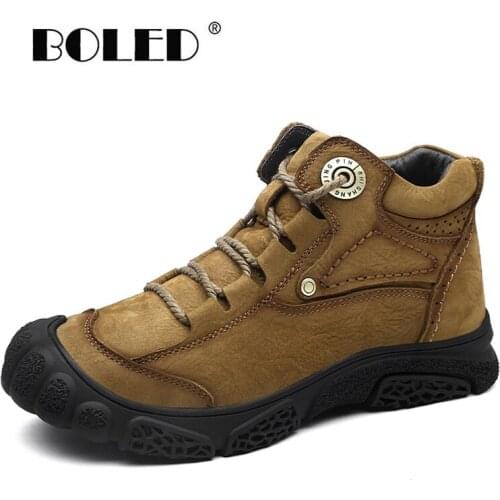 Plus Size Natural Leather Boots Men Rubber Sole Non-slip Autumn Winter Shoes Men Outdoor Warm Waterproof Snow Boots Shoes