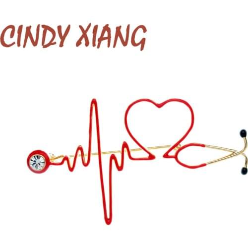 CINDY XIANG Heart Beating Line Stethoscope Doctor Medical Brooch Red Enamel Copper Material BR10-0072