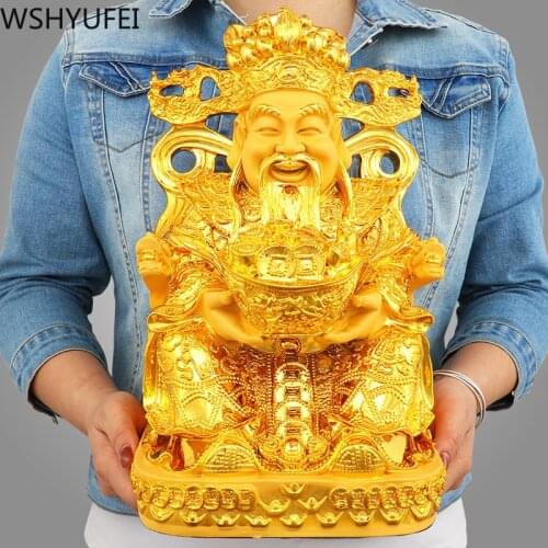 Chinese Golden Lucky Fengshui God of Wealth Resin Statue Home Decor Entrance Living Room Decorations Birthday Present Crafts