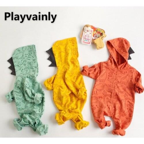 2021 New Autumn Boys Girls Romper Green Yellow Orange Long Sleeves Cartoon Dinosaur Hooded Jumpsuit Newborn Clothes E2074