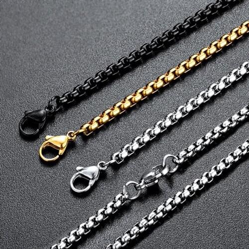 Stainless Steel Round Box Chain Necklace Findings Mens Gold Black Steel Tone DIY Jewelry Making 2.5mm/3mm/3.5mm Waterproof