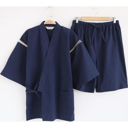 High Quality Men Cotton Sleepwear Loose 2PCS Kimono Tops&Pant Sleep Set Japanese Traditional Samurai Pajama Yukata Kimonos Set