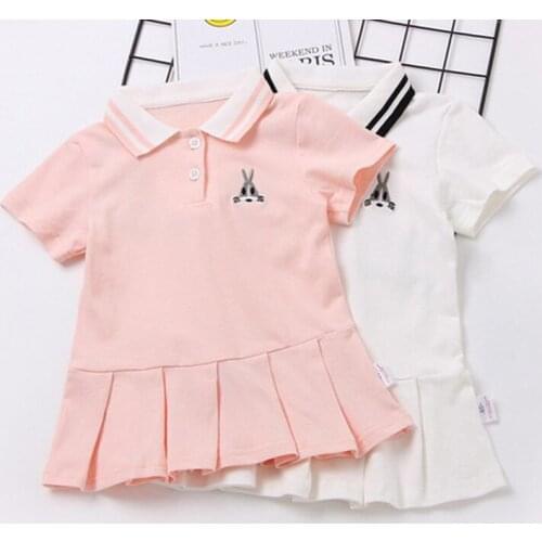 2019 New Summer Girls Pleated Dress Turn Collar Short Sleeve Baby Girls Dress Casual Sport Cotton Mini Dress RT417