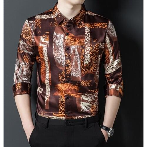 Floral Printed Cozy Smooth Satin Clothes For Men Fashion Large Size Fancy Silk Dress Shirts Mens Designer Stylish Tops Stretch