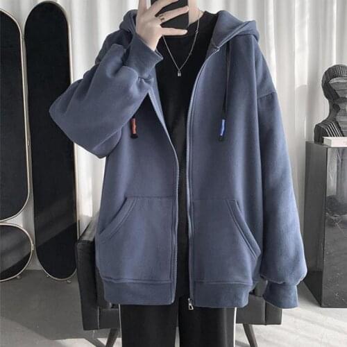 Blue Hoodies Women Sweatshirt Spring Autumn Zipper Coat Pocket Hooded New Loose Solid Color Jacket Trend Handsome Men Tops
