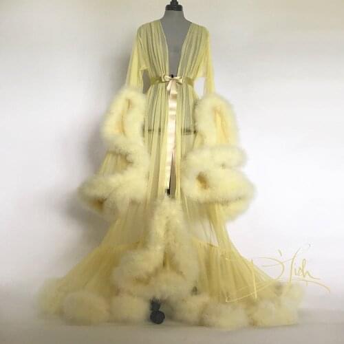 Yellow Deluxe Dressing Gown Lingerie Lace Fur Long Robe Long Sleeve Bathrobe Tulle Nightwear Babydoll Robe Dress