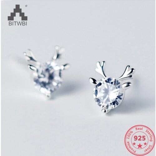 2018 New Women 100% 925 Sterling Silver Tiny Cute Elk Stud Earrings Girls Kids Gift Crystal Zircon Deer Antlers Earrings