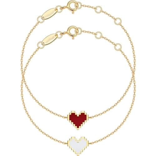 SLJELY Fashion Real 925 Sterling SilverYellow Gold Color Red and White Pixel Love Heart Bracelet Women Lover Fine Jewelry Gift