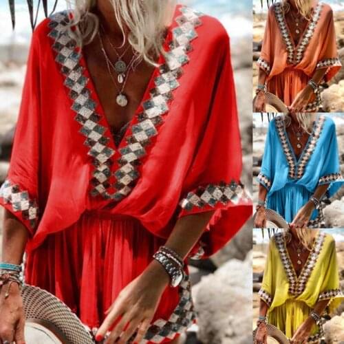 2021 Beach Long Print Dress Bohemian WomenS Summer Short Sleeve Dress V-Neck Jumpsuit Dress