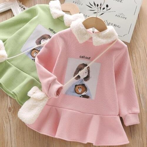 2020 New Girls Winter Lamb Wool Sweater Dress Female Treasure Plus Velvet Casual Comfortable Dress Long Sleeve Lapel With Bag