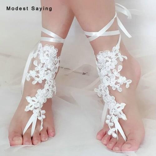 1 Pair Real Elegant Ivory Lace Wedding Barefoot Sandals Anklets Shoes With Toe Sandbeach Bridal Beach Bridesmaid Foot Jewelry