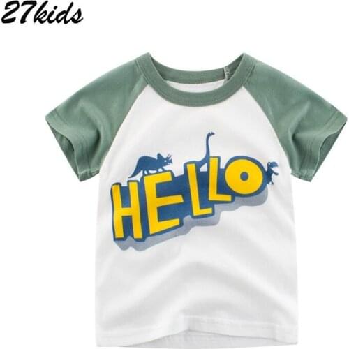 27kids Hello Dinosaur Boys T Shirts for Children Short Clothes Cotton Kids Tops Tees Clothiung Summer 2019 New Baby Garment