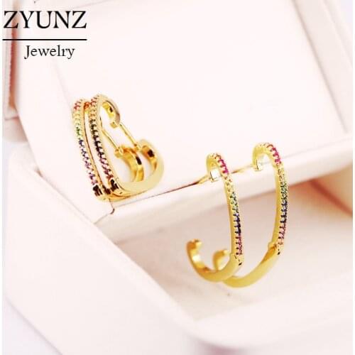 4 Pairs, Rainbow Crystal Zirconia Heart Stud Earring Gold Color Studs CZ Micro Pave For Women Girls