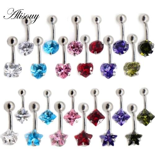 Alisouy 1pc Sexy Navel Belly Button Ring Oreja 14G Round Heart Square Star Zirconia 316L Surgical Steel Belly Piercing Jewelry