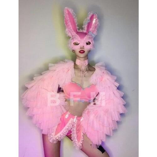 DJ Singer Lead Dancer Sexy Stage Wear Pink Bikini Shawl Outfit Nightclub Bar Gogo Costume Party Show Rave Team Performance Wear