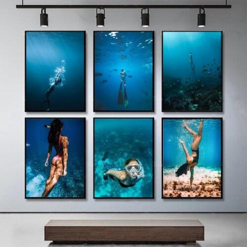 Figure Painting Blue Ocean Diving Goddess Poster Gift Painting Canvas Paintings Living Bedroom Corridor Mural Home Decoration