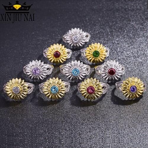 12colors 925 Anillos Silver Sunflower Crystal Cute Romantic 14K Gold Daisies Rings Fashion Jewelry Arrival Unique Wholesale