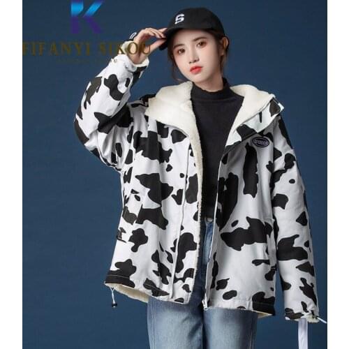 Winter Jacket Women Fashion Print Lapel Outerwear Thick Warm Lambswool Jackets Coat Female Loose Plus Size Harajuku Jacket