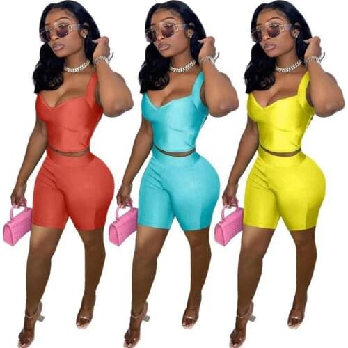Summer Fashion Women Two 2 Piece Tracksuit Casual Skinny 2 Pieces Crop Top And Shorts Set