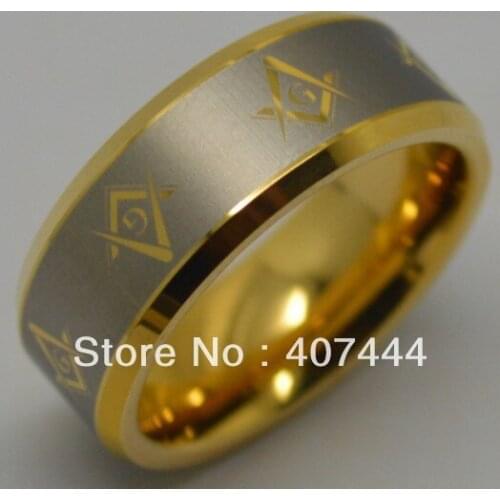 YGK Fashion Tungsten Ring 8MM Width Masonic Ring Mens Classic Wedding Band with Gold Color