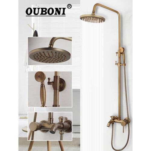 OUBONI 8 Inch Antique Brass Rainfall Head Shower Faucet Set Hand Shower 3 Functions Sprayer Wall Mounted Mixer Tap Mixer Sets
