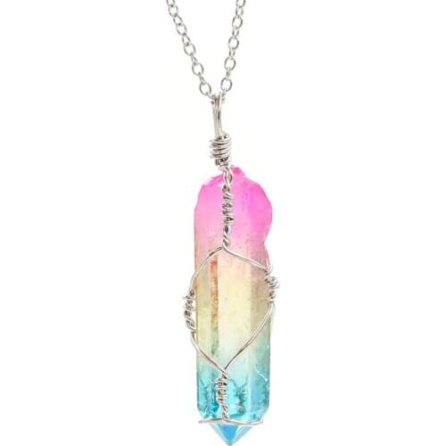 Silver Plated Wire Wrap Irregular Shape Crystal Pillar Dyed Colorful Pendant Ethnic Style Jewelry
