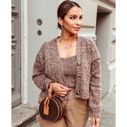 Lazy style casual simple soft wool coat thick forest green variegated loose sweater cardigan women