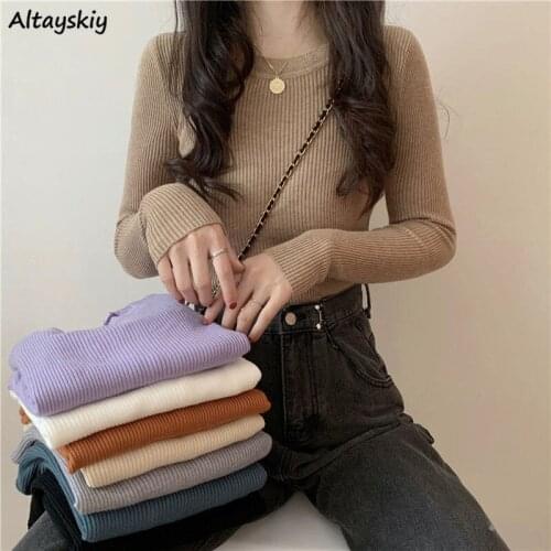 Pullovers Women Slim-fit Knitted Solid Color Stretchy O-neck Female Tight Sweater Spring Autumn Long Sleeve Casual Simple Chic