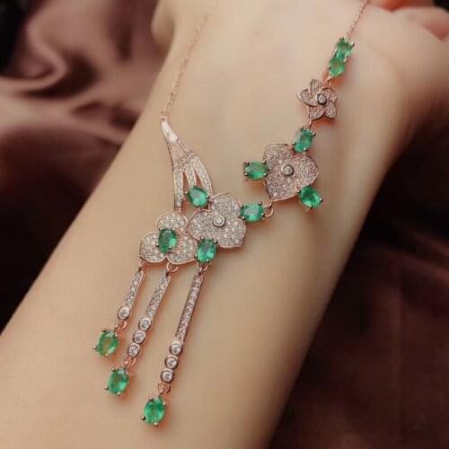 Luxury Lady Necklace 925 Silver Natural Emerald Pendant Necklace for Women Wedding Party Gemstone Jewelry