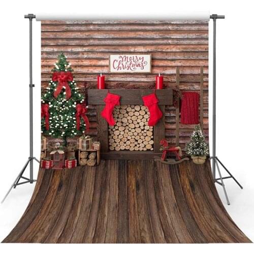 Merry Christmas Wood Fireplace Photo Studio Booth Backgrounds Props Winter Wooden Red Stocking Gift Christmas Tree Backdrops