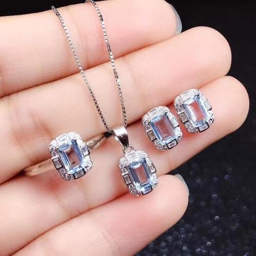 The Best engagement Gift Natural And Real Aquamarine Jewelry set 925 sterling silver 1pc Ring,1pc Pendant,2pcs Earring