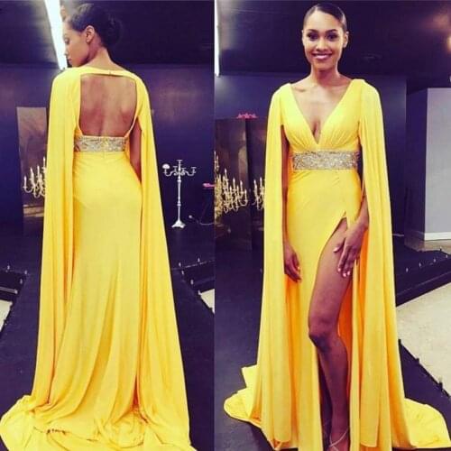 Yellow Crystal Prom Dresses V Neck abendkleider Chiffon A Line Evening Gowns Side Slit Party Dress Yellow robe de soiree