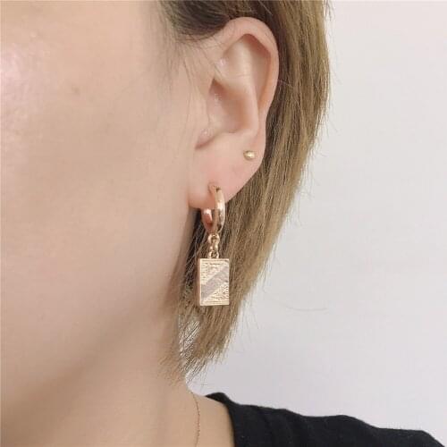 Trendy Gold Color Plating Half Side Textured Square Charm Hoop Earrings For Women Girl School Office Dainty Jewelry Accessory