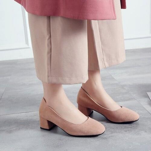 Big Size ladies high heels women shoes woman pumps Square head and shallow suede single shoe woman