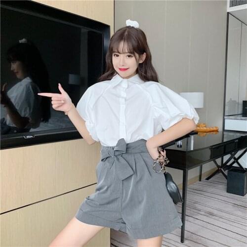 Korean Two-Piece Set Women Summer Sweet Girl White Puff Sleeve Shirt Top+ Wild Bow Design Wide Leg Pants Suit