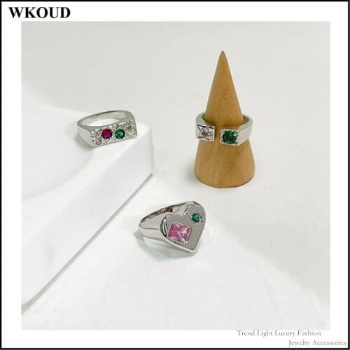 2021 Summer Japanese Romantic Color Love Vitange Retro Pink Green Zircon Inlaid Metal Open Ring for Women Girls Jewelry Gift