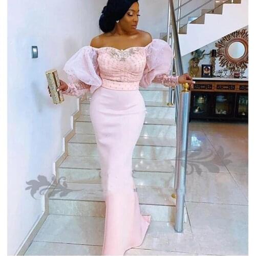 2021 Nigerian Lace Long Sleeve Evening Dresses Off the Shoulder Puff Sleeves African Arabic Formal Celebrity Prom Party Gowns
