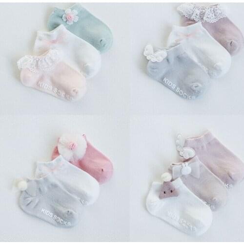 3 Pairs/lot Newborn Cotton Baby socks Cute Flower Angel Wings Cartoon Baby Socks Infant Floor Anti Slip