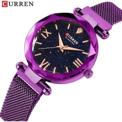 2019 Top Brand CURREN Fashion Ladies Watches Rose Gold Women Watches Minimalism Rhinestone Casual Purple Female Waterproof Clock