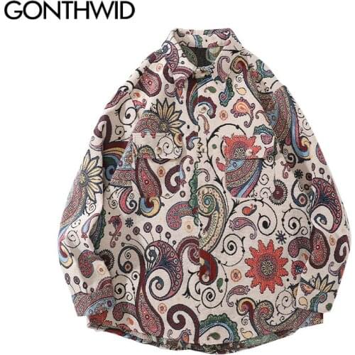 GONTHWID Harajuku Streetwear Shirts Coats Graffiti Bandana Paisley Pattern Pockets Shirt Hip Hop Fashion Long Sleeve Button Tops