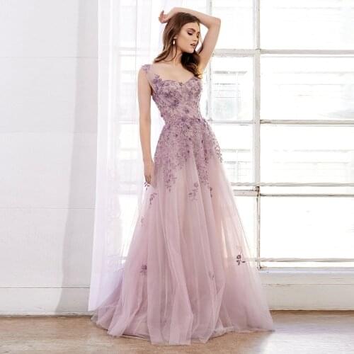 Sweet Light Purple Long Prom Dresses One Shoulder 3D Tulle Flowers Lace Appliques Beaded Formal Gown Princess Dress Elegant