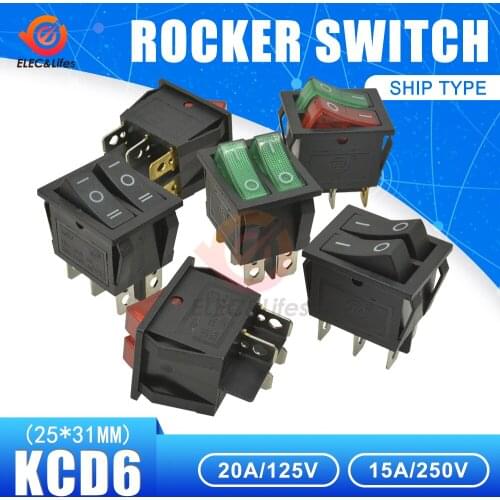 KCD6 Rocker Switches 25*31MM 15A 250V ON-OFF-ON/ON-OFF 6 Pins Copper Feets Positions Led Light Green Red Black Boat Power Switch
