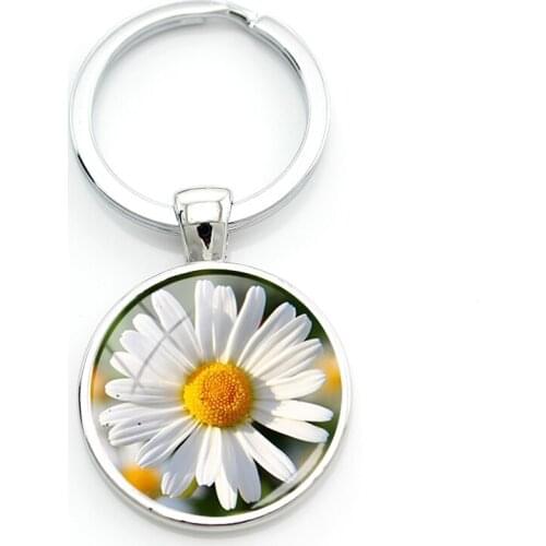 TAFREE Daisy 25mm Round Keyholders Beautiful Chrysanthemum Glass Cabochons Key Chain For Girlfriend Birthday Gift