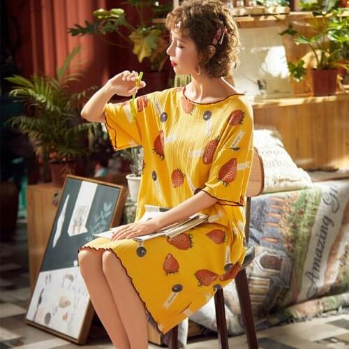 Summer Pure Cotton Thin Short Sleeve Loose Fitting Homewear Fresh Lovely Womens Yellow Colour Nightgown Set